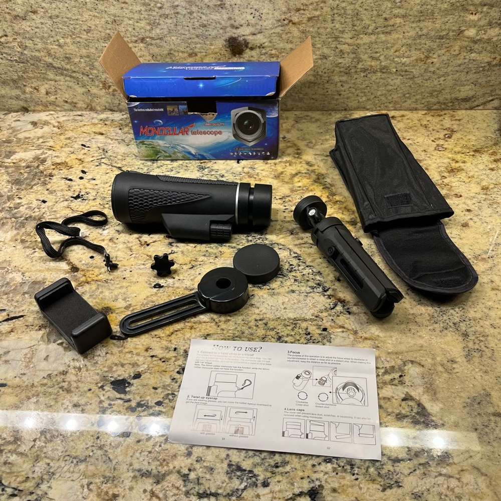 Monocular Telescope with Tripod, Cell Phone Holder, Handstrap, Eye & Lens Caps